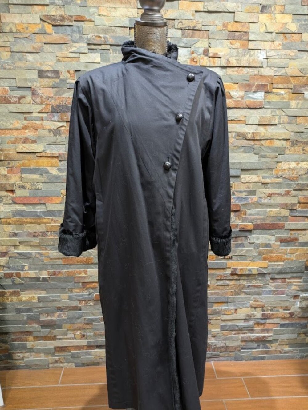 Asymetrical Cotton Trenchcoat with Black Sheared Rabbit Fur Liner Size Medium
